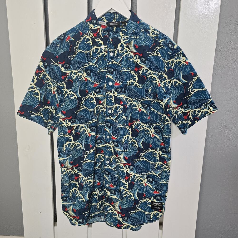 WeSC Oden Koi Fish AOP Japanese Pattern Blue Unisex Shirt Men‎ M Women L Casual